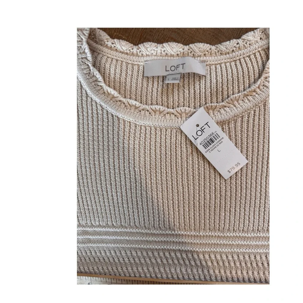 LOFT Cream Cotton Tiered Ruffle Pointelle Sweater Lace Boho L Cottagecore Earthy